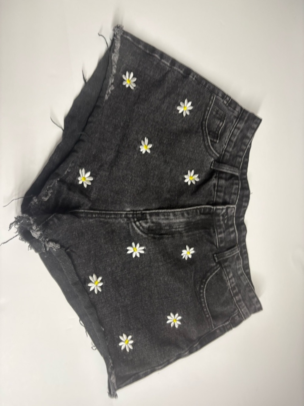 Daisy Embroidered Black Denim Shorts
